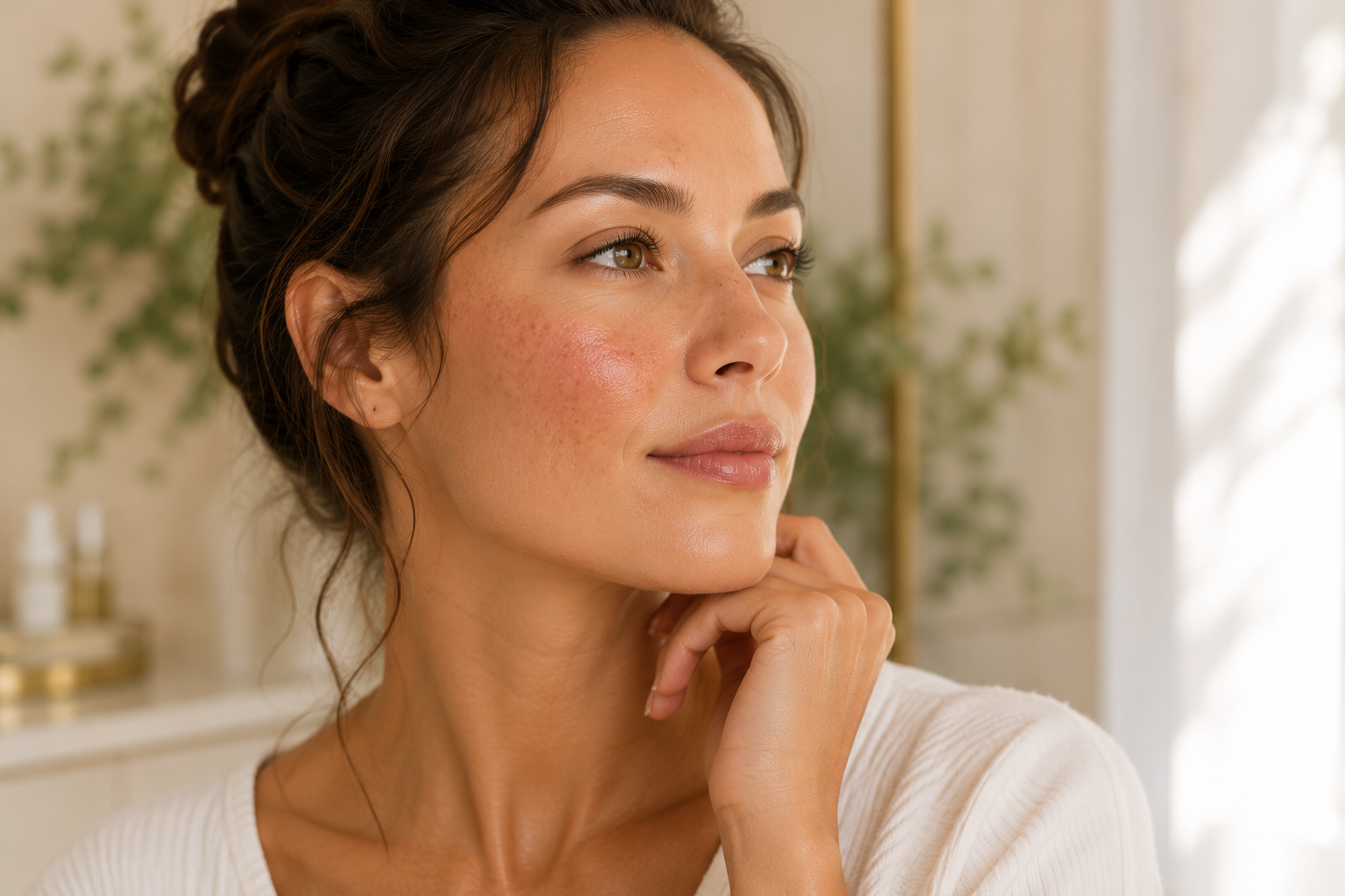 Woman with visible pigmentation and facial redness